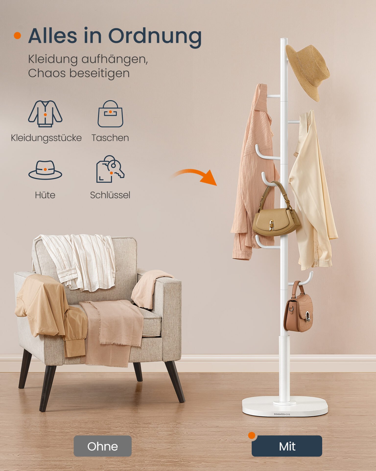 SONGMICS HOME Cactus-Shaped Coat Rack, Coat Rack Stand, Standing Coat Rack, 8 Sturdy Hooks with Curved Ends, 175.3 cm Tall, for Clothes, Hats, Bags, Cloud White RCR039W01 3 SONGMICS HOME Cactus-Shaped Coat Rack, Coat Rack Stand, Standing Coat Rack, 8 Sturdy Hooks with Curved Ends, 175.3 cm Tall, for Clothes, Hats, Bags, Cloud White RCR039W01 - Bild 3