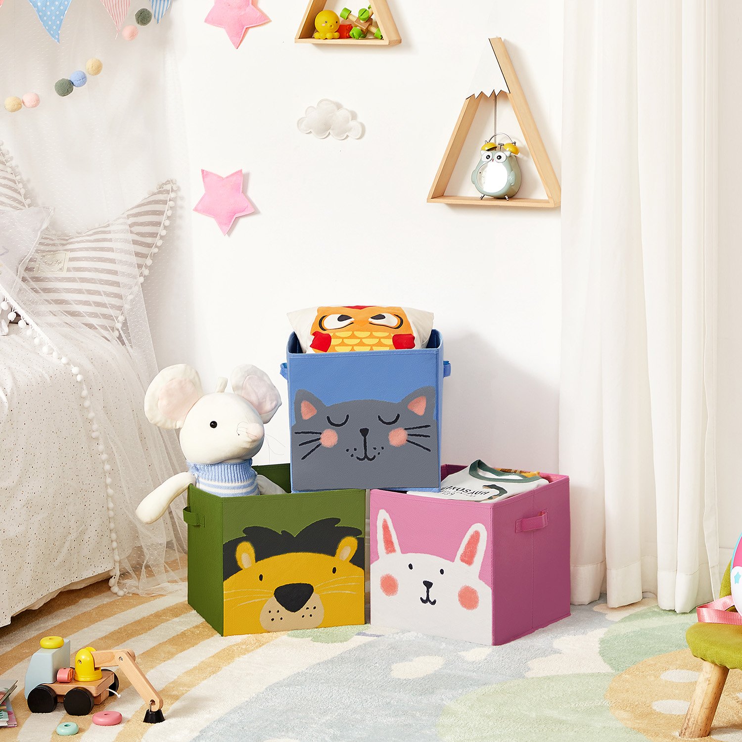 SONGMICS Kids Storage Organisers, Set of 3, Stackable Toy Organiser Boxes, Folding Organisers with Handles, Magnetic Lid, for Kid’s Room, Playroom, Animal Theme, Pink, Blue, Green and Grey RFB760P01 3 SONGMICS Kids Storage Organisers, Set of 3, Stackable Toy Organiser Boxes, Folding Organisers with Handles, Magnetic Lid, for Kid’s Room, Playroom, Animal Theme, Pink, Blue, Green and Grey RFB760P01 - Bild 3