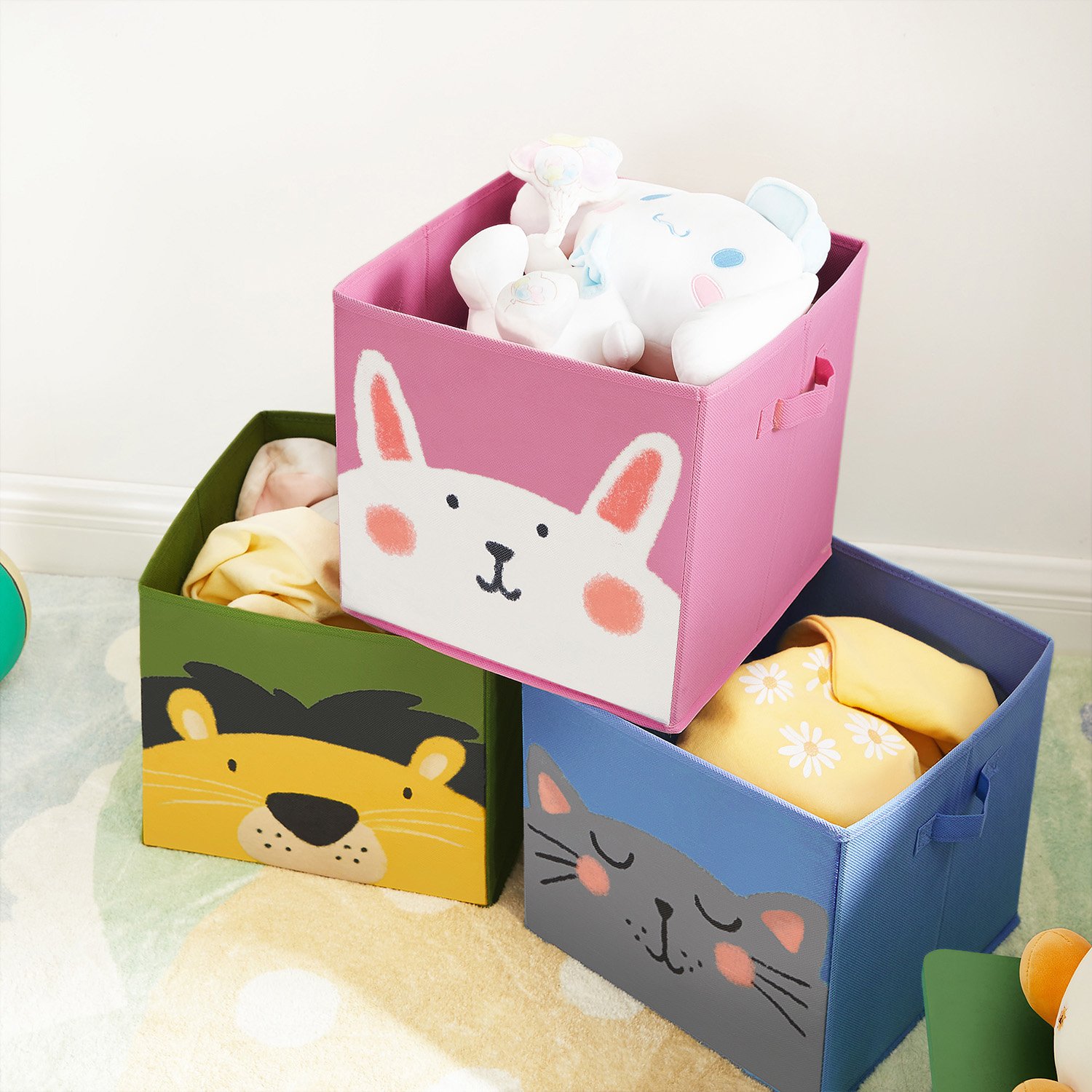 SONGMICS Kids Storage Organisers, Set of 3, Stackable Toy Organiser Boxes, Folding Organisers with Handles, Magnetic Lid, for Kid’s Room, Playroom, Animal Theme, Pink, Blue, Green and Grey RFB760P01 5 SONGMICS Kids Storage Organisers, Set of 3, Stackable Toy Organiser Boxes, Folding Organisers with Handles, Magnetic Lid, for Kid’s Room, Playroom, Animal Theme, Pink, Blue, Green and Grey RFB760P01 - Bild 5