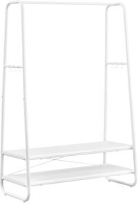 Klädstång, klädställning med 2 hyllor, 6 S-formade krokar, stålram, vit