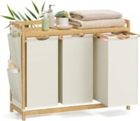 Tvättkorg med 3 fack, Rymmer upp till 150 l, 3 x 50 l, 94 x 33 x 78 cm, Krämvit