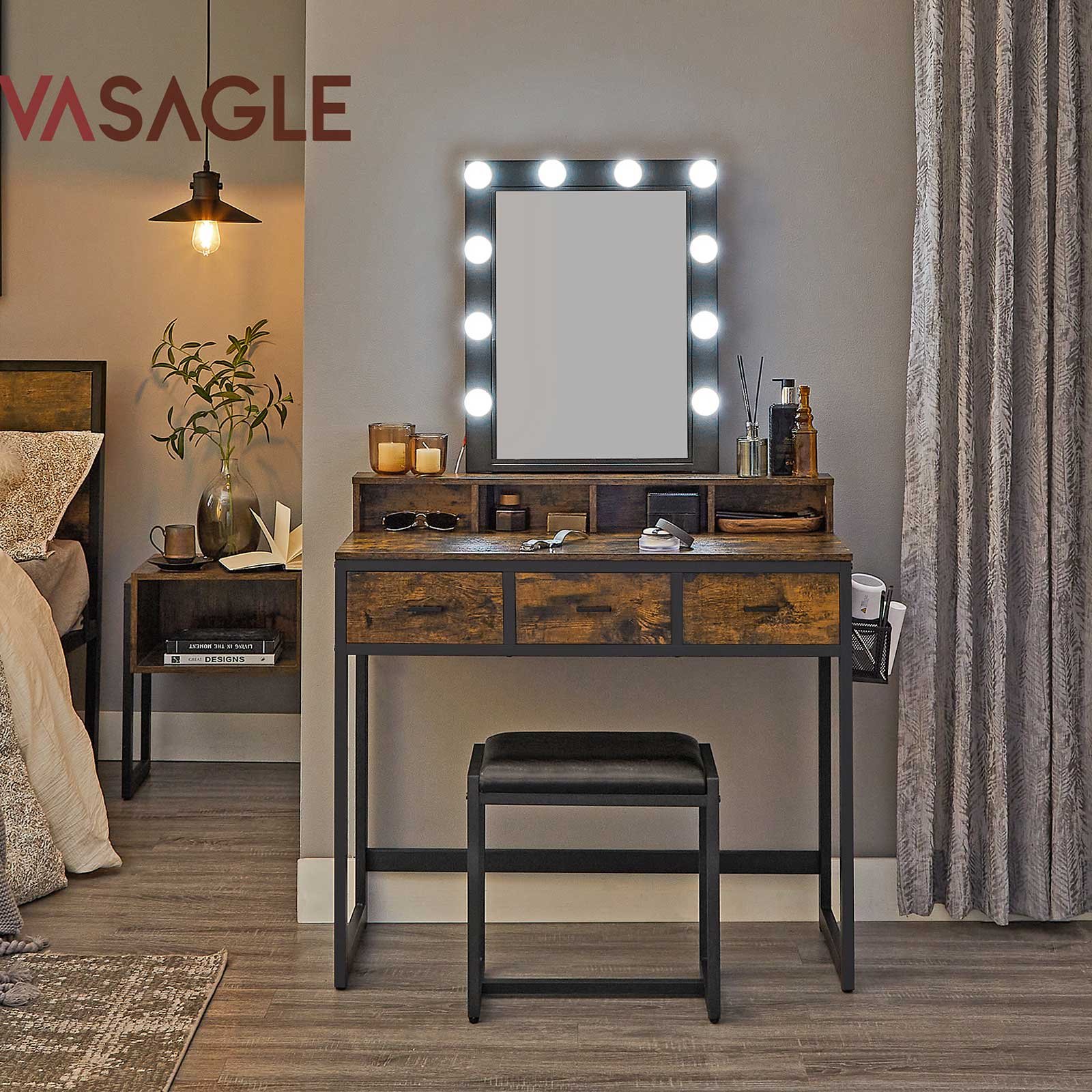 VASAGLE Dressing Table with Stool Vanity Table 10 LED Bulbs Mirror Adjustable Brightness Bedroom Dressing Room Industrial Design Vintage Brown-Black RVT014B01 2 VASAGLE Dressing Table with Stool Vanity Table 10 LED Bulbs Mirror Adjustable Brightness Bedroom Dressing Room Industrial Design Vintage Brown-Black RVT014B01 - Bild 2
