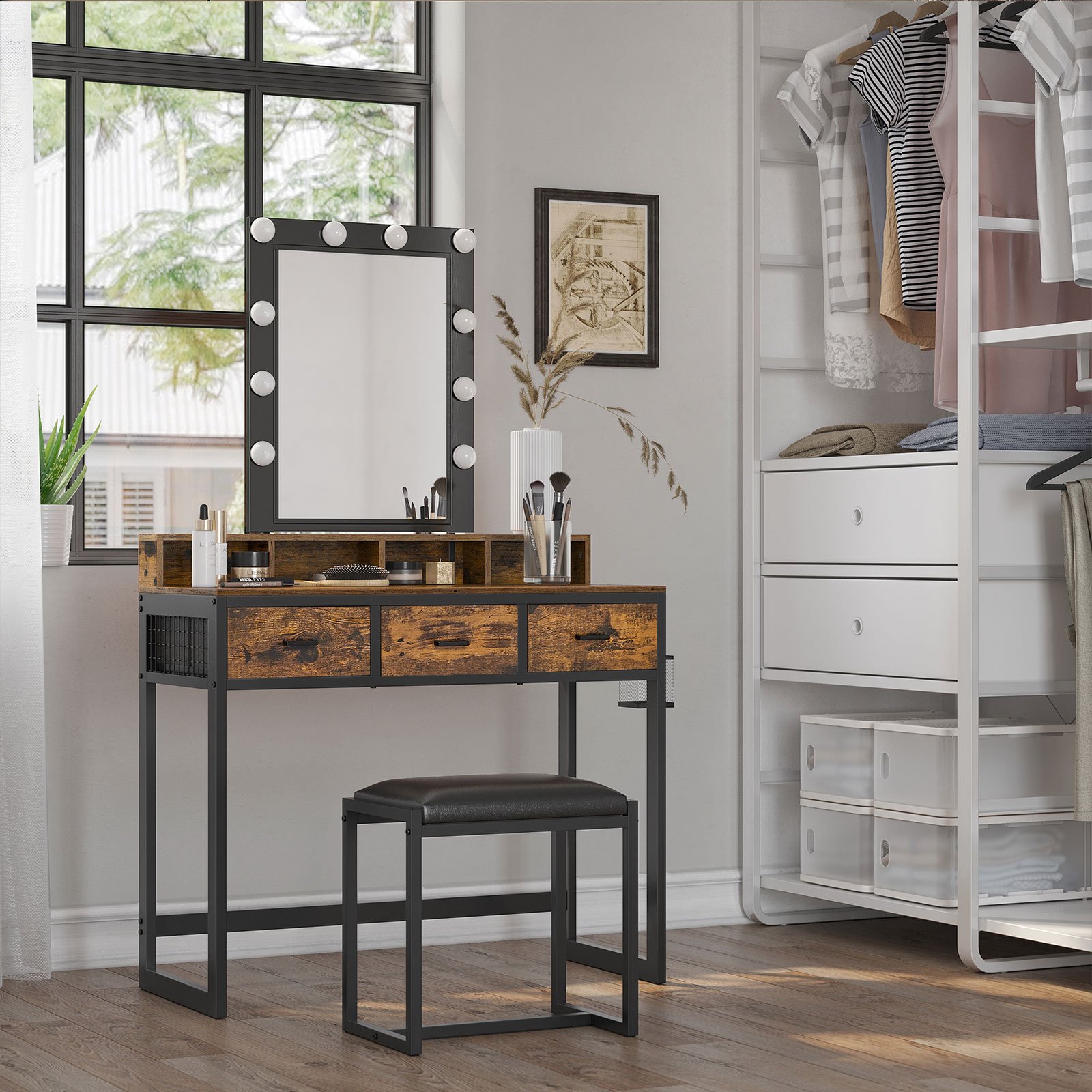 VASAGLE Dressing Table with Stool Vanity Table 10 LED Bulbs Mirror Adjustable Brightness Bedroom Dressing Room Industrial Design Vintage Brown-Black RVT014B01 3 VASAGLE Dressing Table with Stool Vanity Table 10 LED Bulbs Mirror Adjustable Brightness Bedroom Dressing Room Industrial Design Vintage Brown-Black RVT014B01 - Bild 3