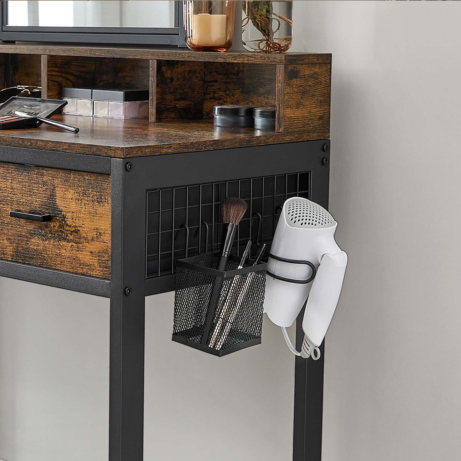 VASAGLE Dressing Table with Stool Vanity Table 10 LED Bulbs Mirror Adjustable Brightness Bedroom Dressing Room Industrial Design Vintage Brown-Black RVT014B01 6 VASAGLE Dressing Table with Stool Vanity Table 10 LED Bulbs Mirror Adjustable Brightness Bedroom Dressing Room Industrial Design Vintage Brown-Black RVT014B01 - Bild 6