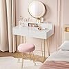VASAGLE Dressing Table with Stool and Lighting, Power Strip, Mirror, Dressing Table, 40 x 100 x 134.8 cm, Cosmetic Table with Drawers, Padded Stool, Matte White / Pale Gold RVT619W01 1 VASAGLE Dressing Table with Stool and Lighting, Power Strip, Mirror, Dressing Table, 40 x 100 x 134.8 cm, Cosmetic Table with Drawers, Padded Stool, Matte White / Pale Gold RVT619W01
