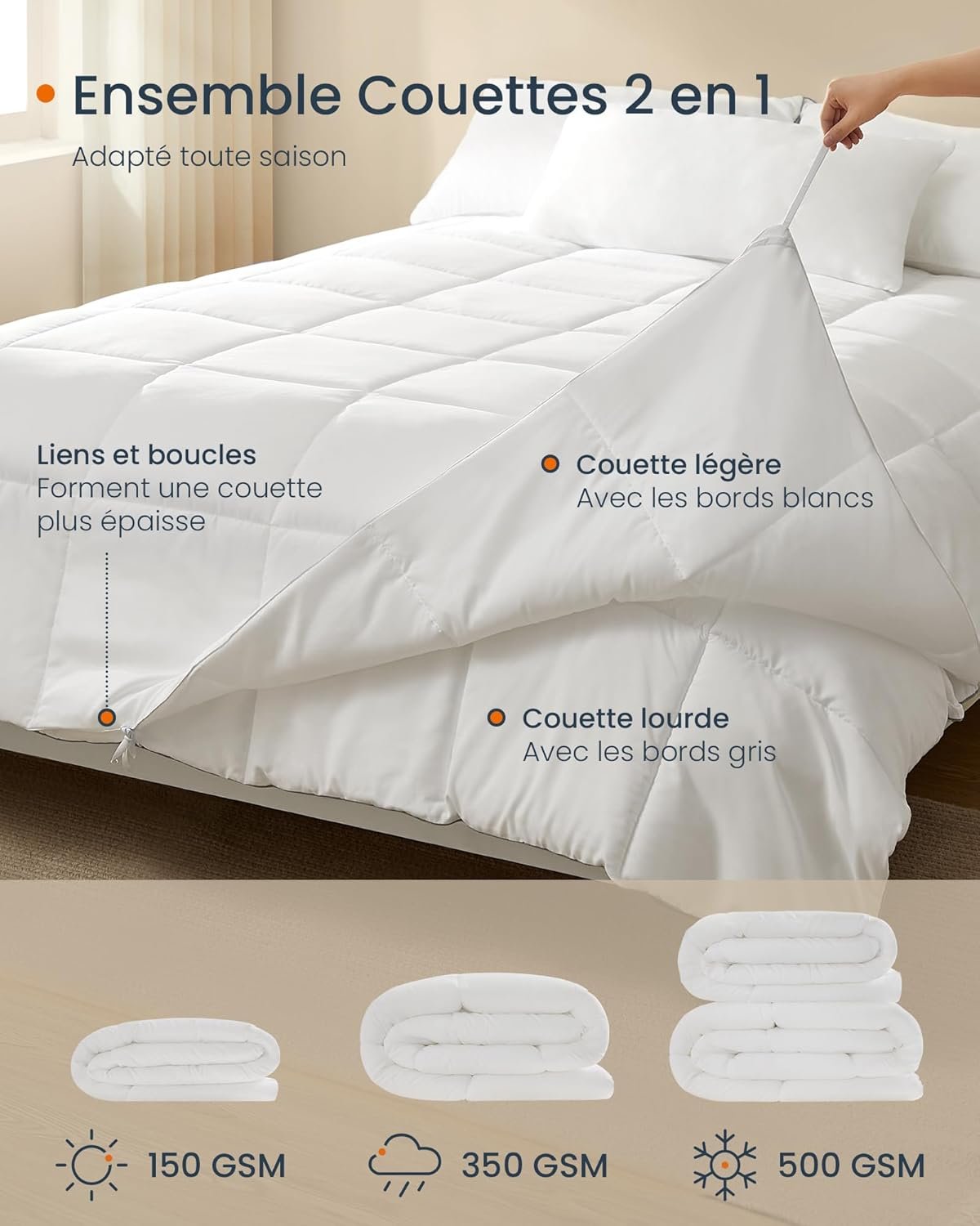 SONGMICS HOME 2 in 1 Duvet Set, 220 x 240 cm Duvets, Consisting of a 150 GSM Summer Duvet and a 350 GSM Winter Duvet, 500 GSM All Season Duvet, 4 Seasons, Cloud White TDC004W01 3 SONGMICS HOME 2 in 1 Duvet Set, 220 x 240 cm Duvets, Consisting of a 150 GSM Summer Duvet and a 350 GSM Winter Duvet, 500 GSM All Season Duvet, 4 Seasons, Cloud White TDC004W01 - Bild 3