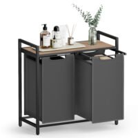 Tvättkorg, 2-facks tvätt, utdragbara och avtagbara tvättpåsar, brun och grå