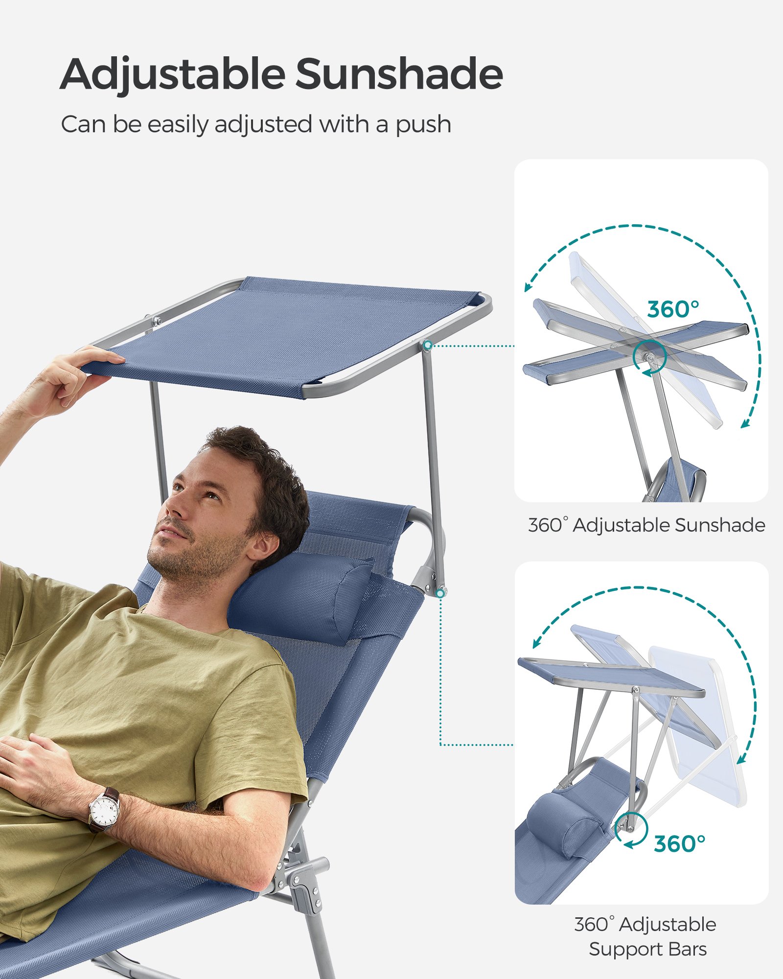 SONGMICS Sun Lounger, Deck Chair Folding, Sunbed, 193 x 53 x 29 cm, Max. Load 150 kg, with Sunshade Headrest Adjustable Backrest, Reclining Sun Chair for Terrace Pool Garden, Blue GCB192Q01 4 SONGMICS Sun Lounger, Deck Chair Folding, Sunbed, 193 x 53 x 29 cm, Max. Load 150 kg, with Sunshade Headrest Adjustable Backrest, Reclining Sun Chair for Terrace Pool Garden, Blue GCB192Q01 - Bild 4
