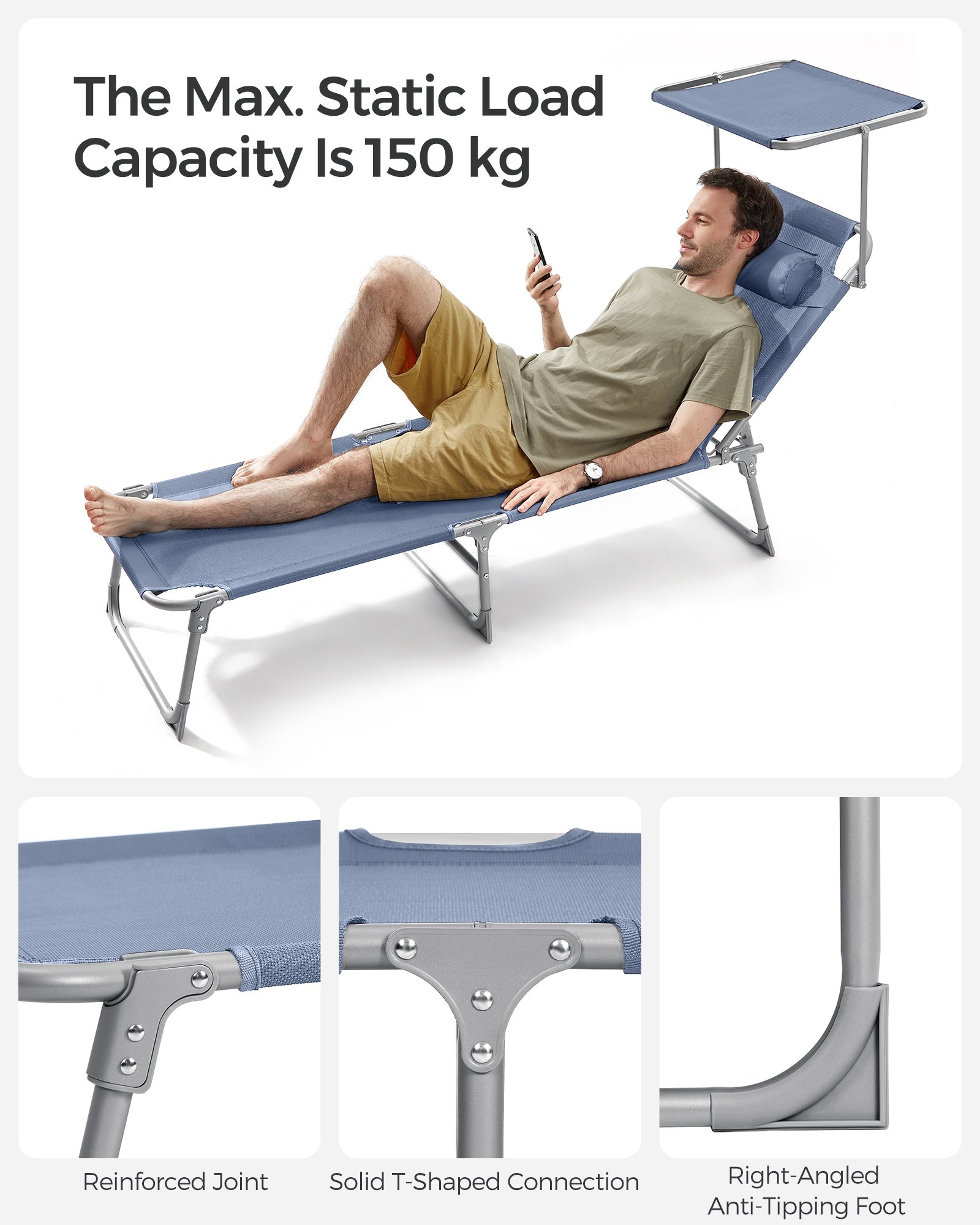 SONGMICS Sun Lounger, Deck Chair Folding, Sunbed, 193 x 53 x 29 cm, Max. Load 150 kg, with Sunshade Headrest Adjustable Backrest, Reclining Sun Chair for Terrace Pool Garden, Blue GCB192Q01 6 SONGMICS Sun Lounger, Deck Chair Folding, Sunbed, 193 x 53 x 29 cm, Max. Load 150 kg, with Sunshade Headrest Adjustable Backrest, Reclining Sun Chair for Terrace Pool Garden, Blue GCB192Q01 - Bild 6