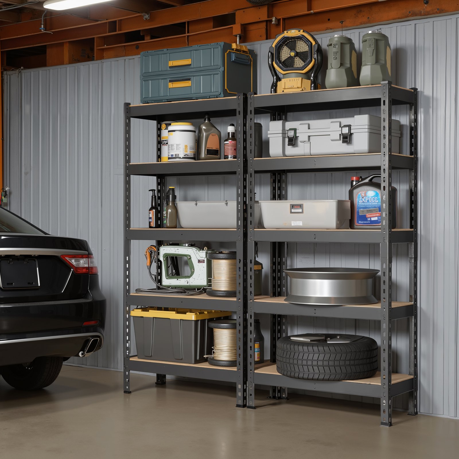 Förvaringshyllor med 5 våningar, set om 2, justerbara garagehyllor, svarta 2 Förvaringshyllor med 5 våningar, set om 2, justerbara garagehyllor, svarta - Bild 2