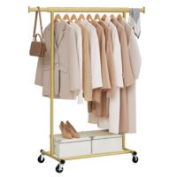 Klädställning på hjul, kraftig, med utdragbar upphängningsskena, 100 kg lastkapacitet, ljusguld