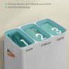 Tvättkorg med tre separata fack för mörka, färgade och ljusa kläder.
