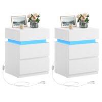 Nattduksbord med LED-belysning, set om 2, sidobord, 35 x 40 x 55 cm, vit