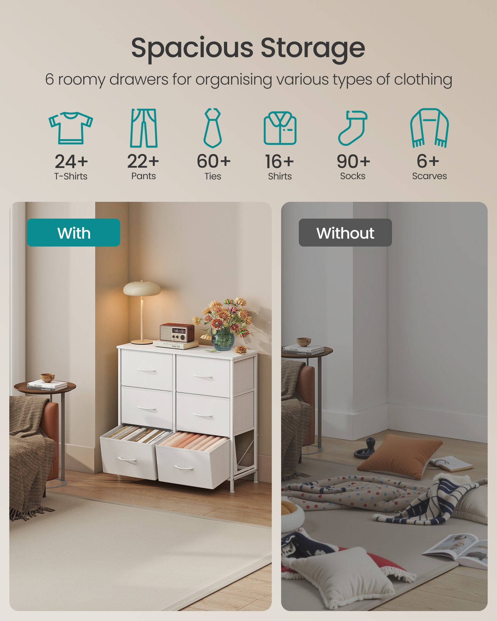 SONGMICS Dresser for Bedroom, Chest of Drawers, Steel, MDF, 6 Non-Woven Fabric Drawers, Storage Organizer Unit, Closet, Entryway, Cloud White and Snow White ULGS123WH01 3 SONGMICS Dresser for Bedroom, Chest of Drawers, Steel, MDF, 6 Non-Woven Fabric Drawers, Storage Organizer Unit, Closet, Entryway, Cloud White and Snow White ULGS123WH01 - Bild 3