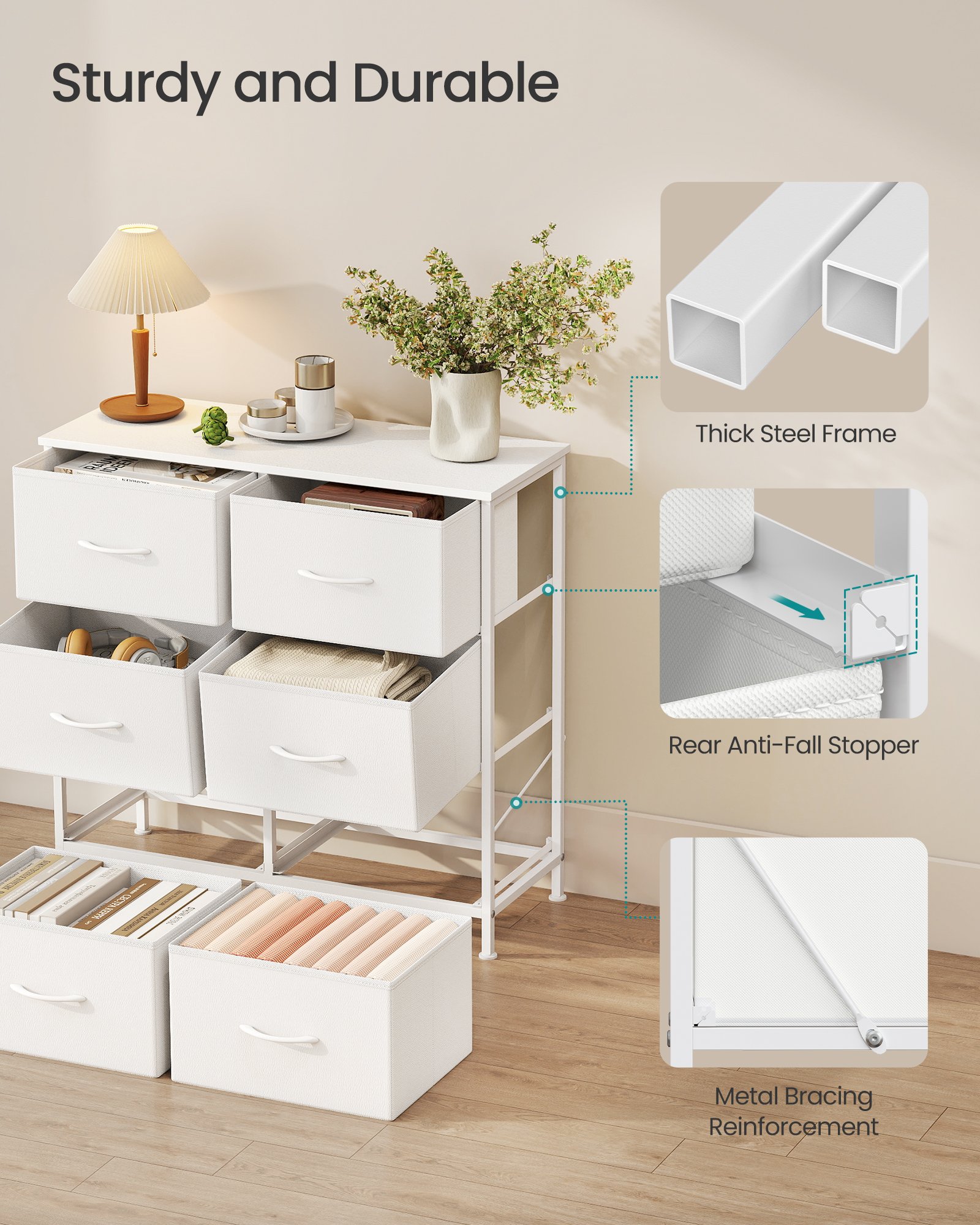 SONGMICS Dresser for Bedroom, Chest of Drawers, Steel, MDF, 6 Non-Woven Fabric Drawers, Storage Organizer Unit, Closet, Entryway, Cloud White and Snow White ULGS123WH01 6 SONGMICS Dresser for Bedroom, Chest of Drawers, Steel, MDF, 6 Non-Woven Fabric Drawers, Storage Organizer Unit, Closet, Entryway, Cloud White and Snow White ULGS123WH01 - Bild 6
