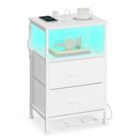 Nattduksbord med laddningsstation, Sidobord, LED-belysning, Cloud White/Snow White