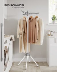 SONGMICS Clothes Airer, Clothes Drying Rack with 3 Rotatable Arms for Hangers, 4-Leg Indoor Folding Laundry Rack, Stainless Steel, for 27 Pieces of Clothes, 150 cm High, Grey and White LLR510G01