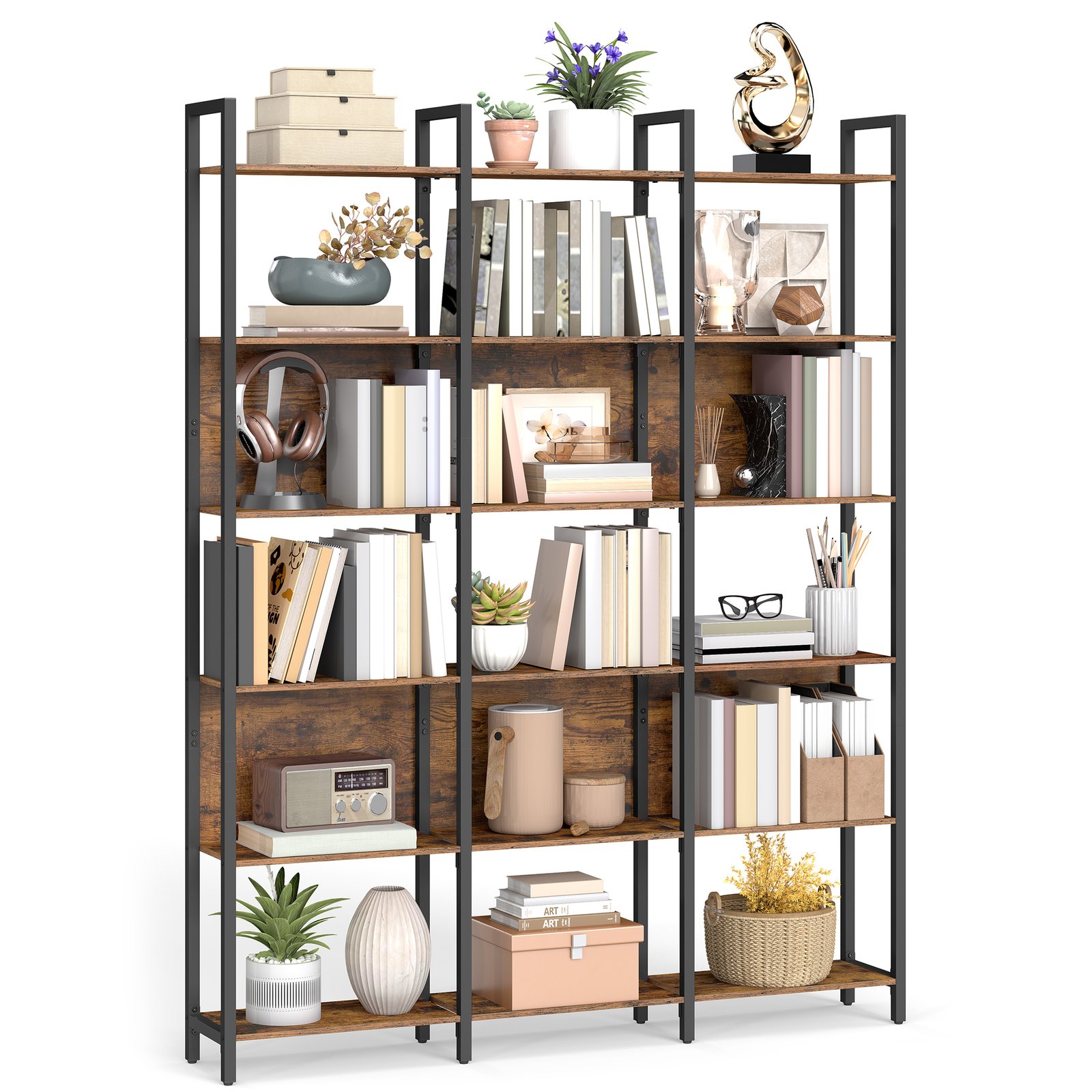 VASAGLE 6-Tier Bookshelf, Book Shelf, Industrial Bookcase, with Steel Frame, for Living Room, Home Office, Bedroom, 24 x 128 x 187.1 cm, Rustic Brown and Ink Black ULLS151K01 1 VASAGLE 6-Tier Bookshelf, Book Shelf, Industrial Bookcase, with Steel Frame, for Living Room, Home Office, Bedroom, 24 x 128 x 187.1 cm, Rustic Brown and Ink Black ULLS151K01