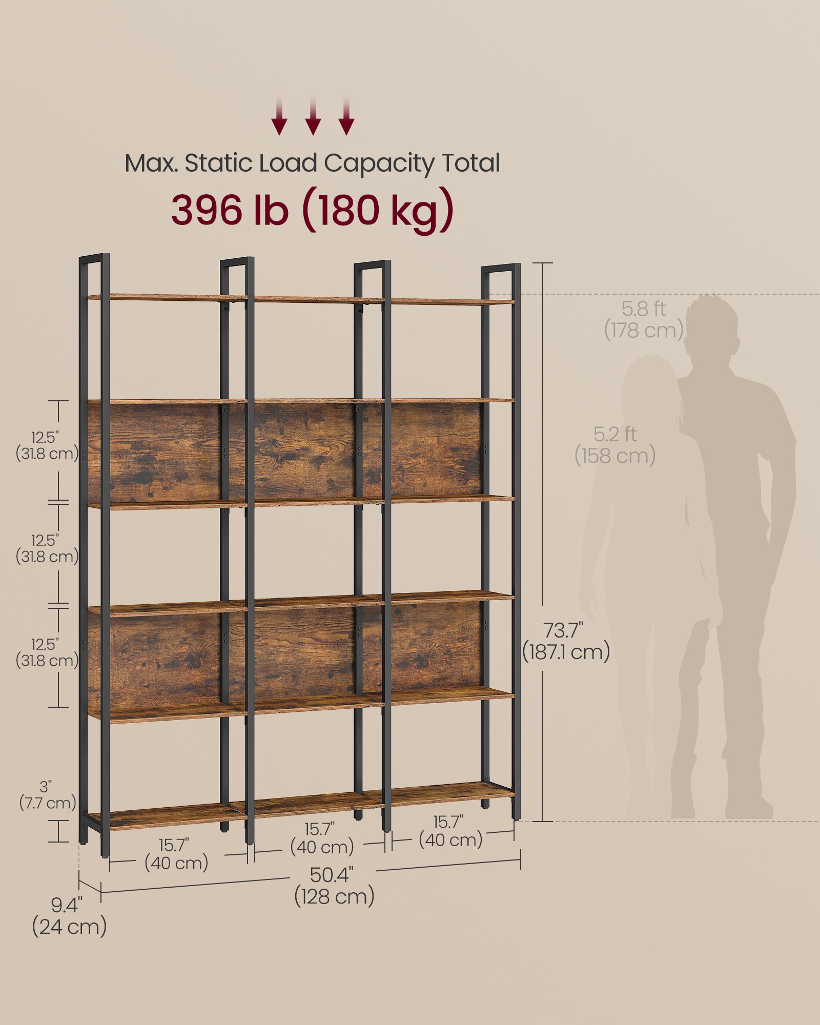 VASAGLE 6-Tier Bookshelf, Book Shelf, Industrial Bookcase, with Steel Frame, for Living Room, Home Office, Bedroom, 24 x 128 x 187.1 cm, Rustic Brown and Ink Black ULLS151K01 6 VASAGLE 6-Tier Bookshelf, Book Shelf, Industrial Bookcase, with Steel Frame, for Living Room, Home Office, Bedroom, 24 x 128 x 187.1 cm, Rustic Brown and Ink Black ULLS151K01 - Bild 6