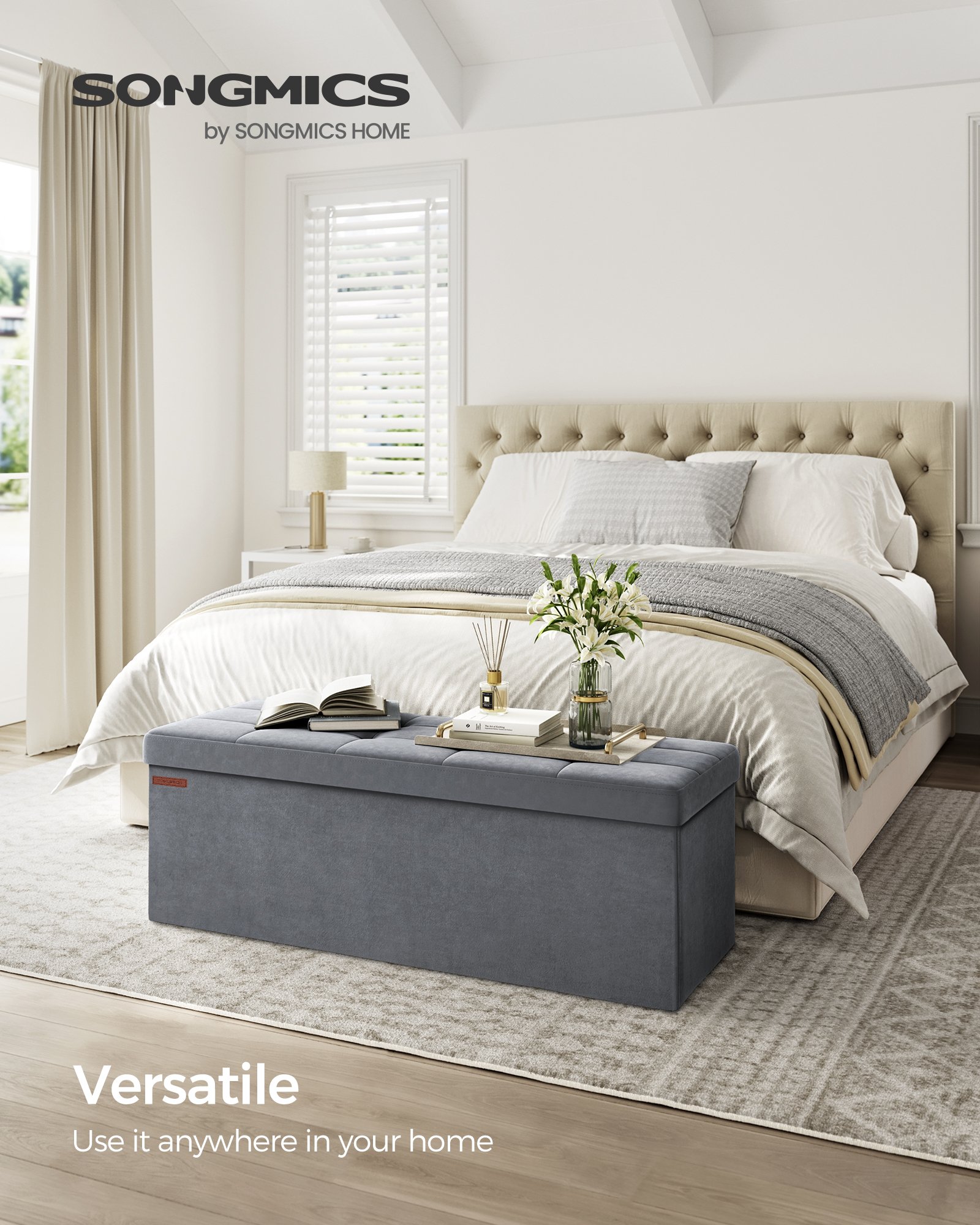 Förvaringsottoman, hopfällbar förvaringsbänk i sammet, 15 x 43,3 x 15 tum, skiffergrå 2 Förvaringsottoman, hopfällbar förvaringsbänk i sammet, 15 x 43,3 x 15 tum, skiffergrå - Bild 2