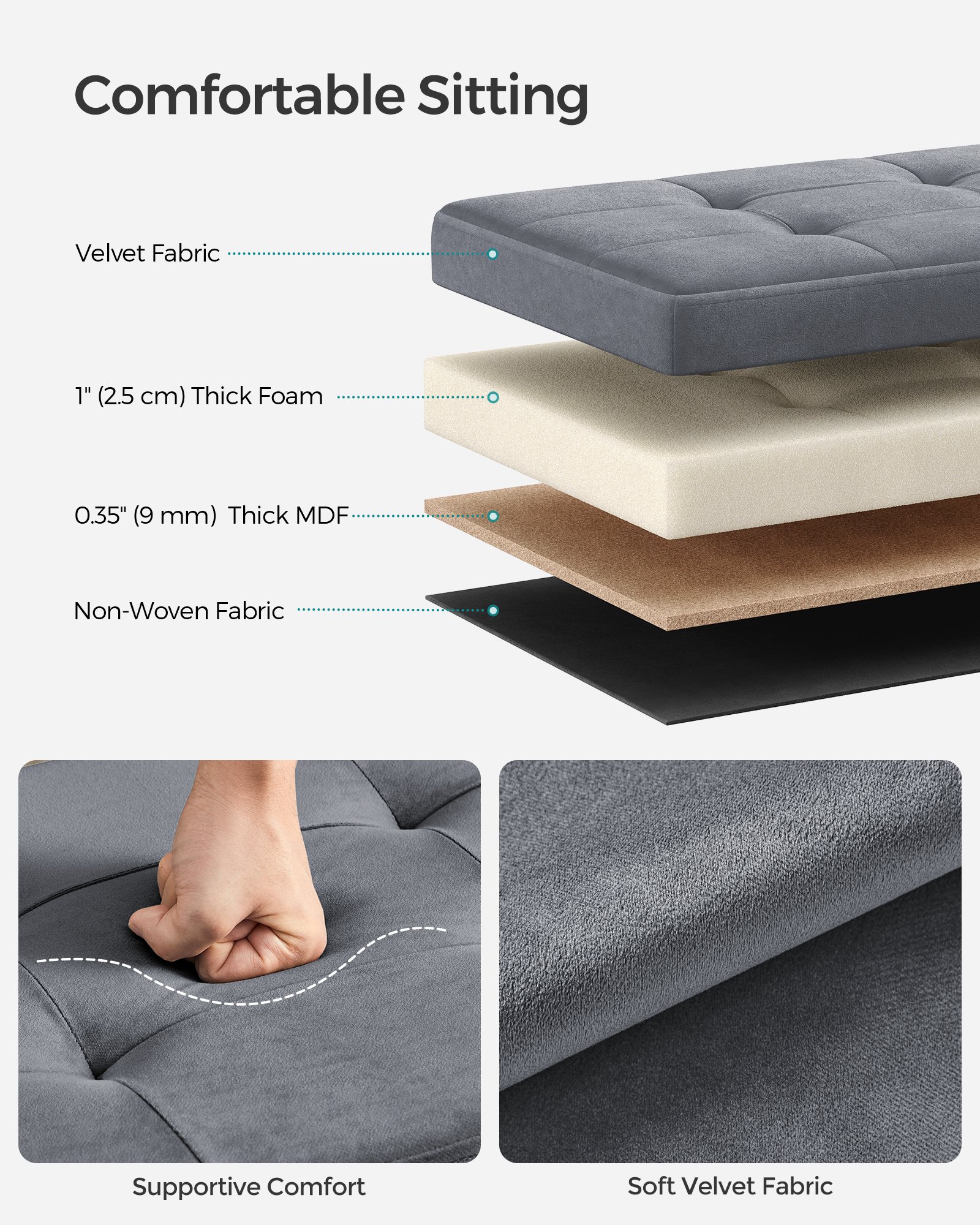 Förvaringsottoman, hopfällbar förvaringsbänk i sammet, 15 x 43,3 x 15 tum, skiffergrå 3 Förvaringsottoman, hopfällbar förvaringsbänk i sammet, 15 x 43,3 x 15 tum, skiffergrå - Bild 3