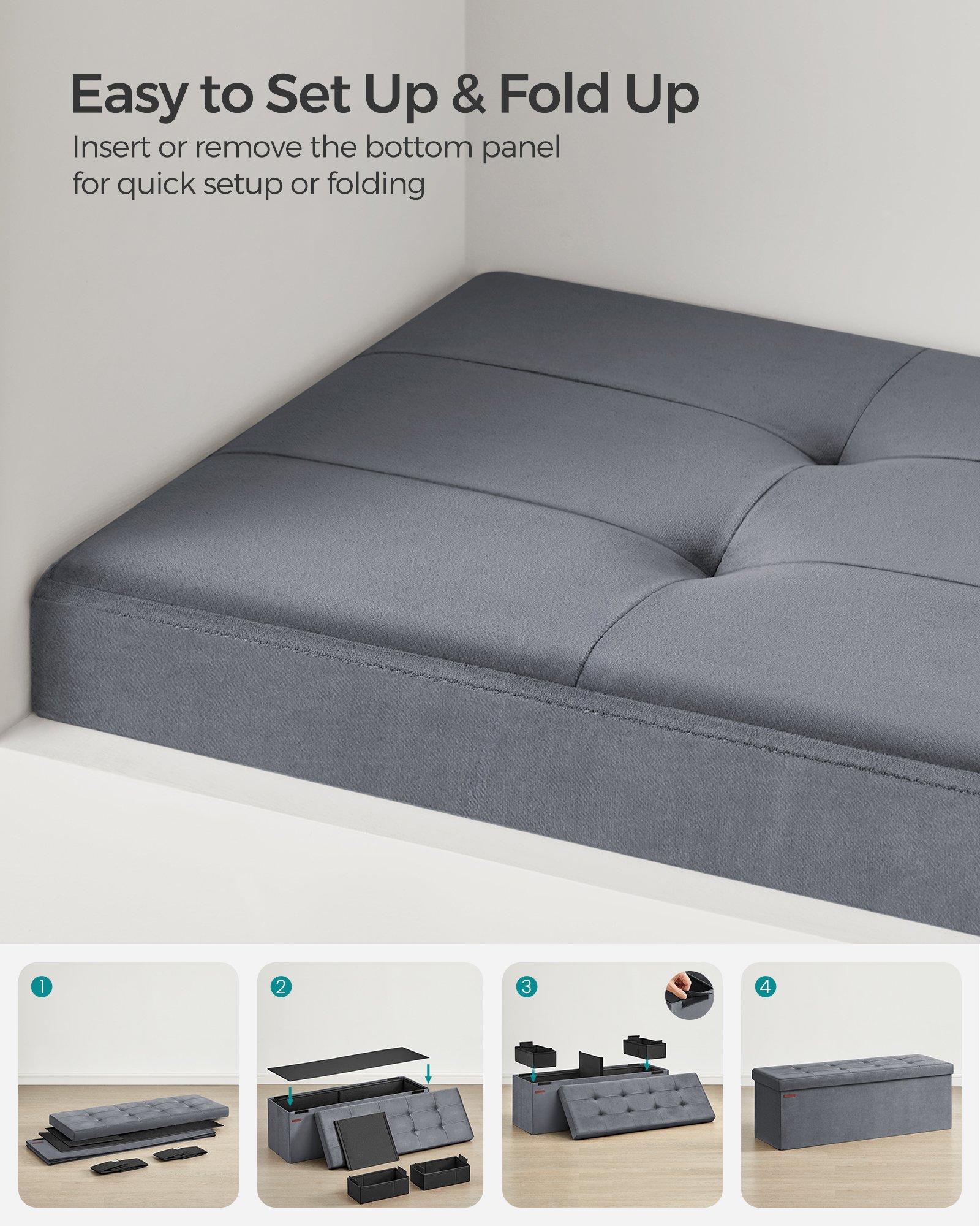 Förvaringsottoman, hopfällbar förvaringsbänk i sammet, 15 x 43,3 x 15 tum, skiffergrå 7 Förvaringsottoman, hopfällbar förvaringsbänk i sammet, 15 x 43,3 x 15 tum, skiffergrå - Bild 7