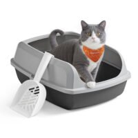 Hög sidolåda för kattsand, XL öppen kattlåda med skopa, skiffergrå