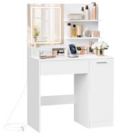 Sminkbord med LED-spegel och grenuttag, sminkbord, vit