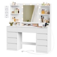 Sminkbord med LED-spegel, 9 lådor, 9 dimbara glödlampor, 3 ljusfärger, Cloud White