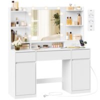 Sminkbord med spegel och LED-lampor, grenuttag, 2 skåp, verktygsfria glidskenor, Cloud White