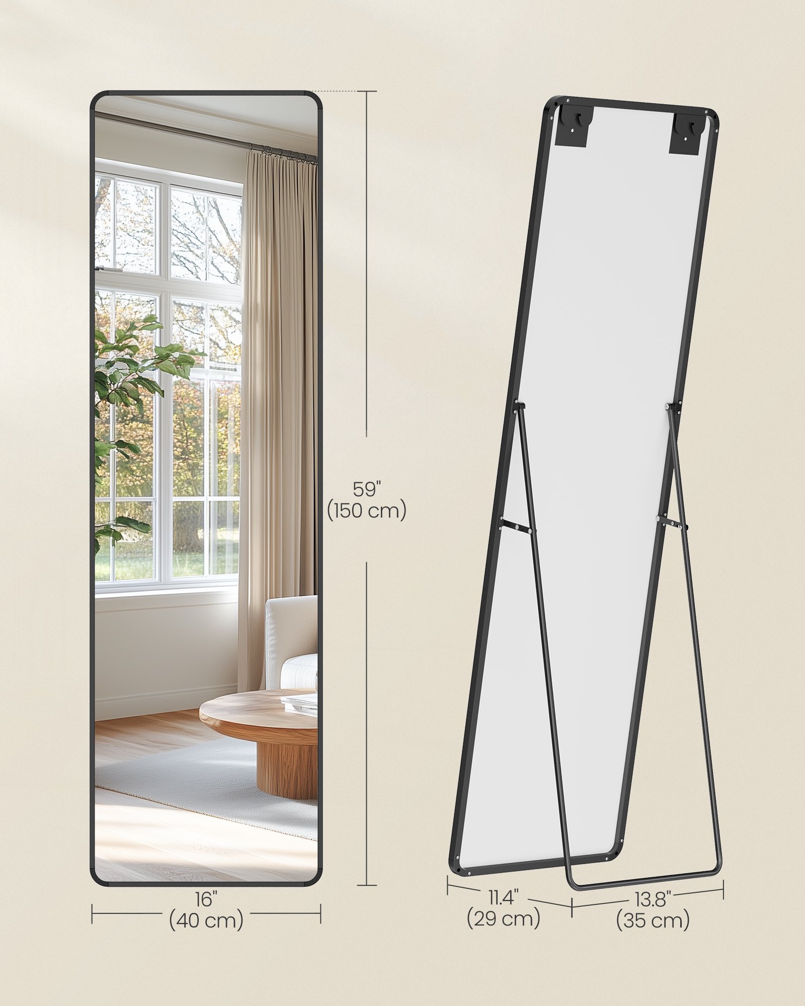 Helkroppsspegel, 150 x 40 cm, rektangel med stativ, aluminiumram, bläcksvart 3 Helkroppsspegel, 150 x 40 cm, rektangel med stativ, aluminiumram, bläcksvart - Bild 3