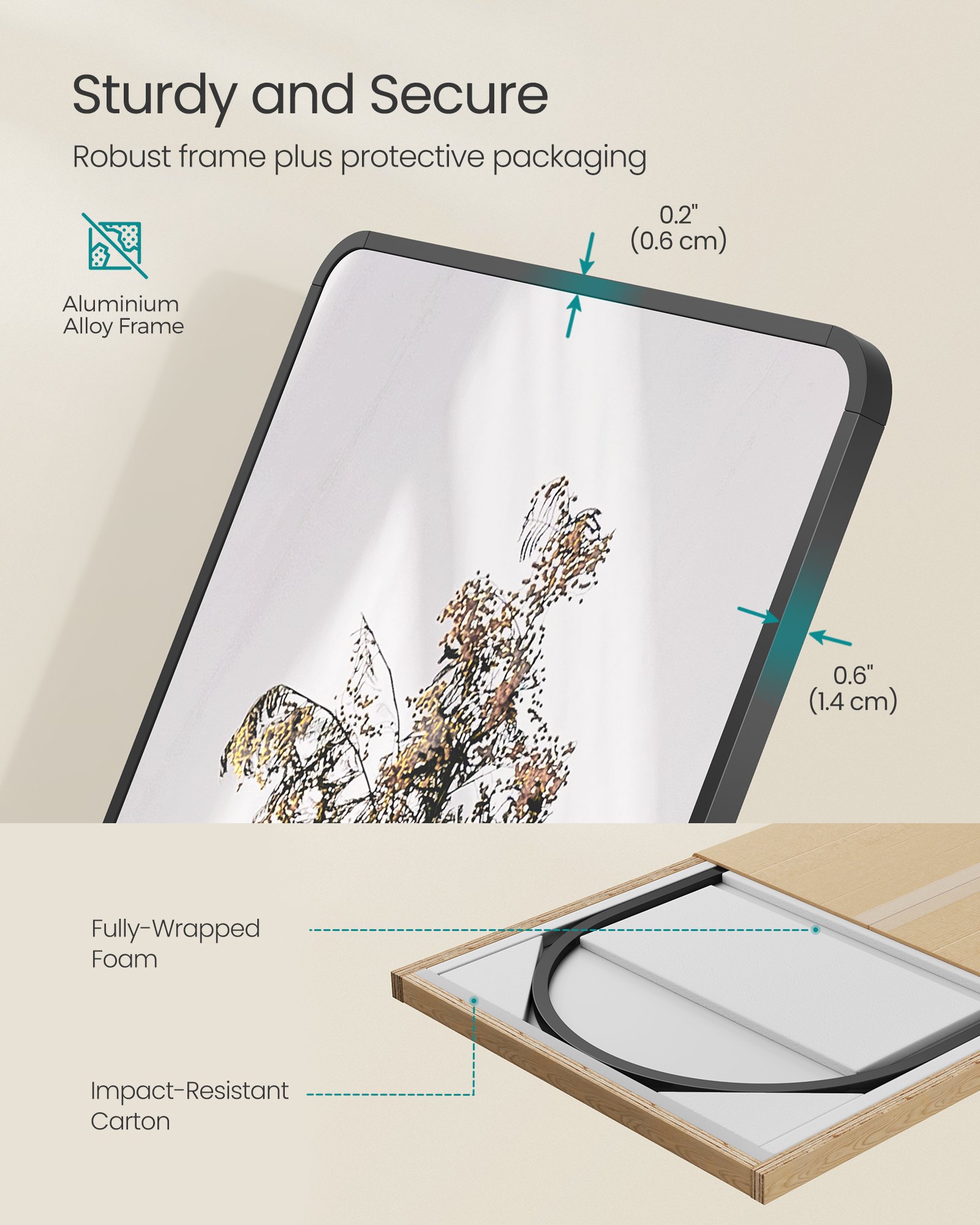 Helkroppsspegel, 150 x 40 cm, rektangel med stativ, aluminiumram, bläcksvart 2 Helkroppsspegel, 150 x 40 cm, rektangel med stativ, aluminiumram, bläcksvart - Bild 2