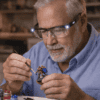 Man använder förstoringsglasögon med LED-belysning för modellering av miniatyrfigurer.