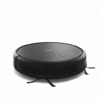 Kompakt robotdammsugare med sug- och sopfunktion i svart.