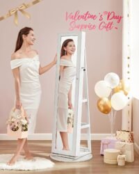 SONGMICS 360° Swivel Jewelry Cabinet, High Full Length Mirror, Lockable Jewelry Armoire, with Built-in Small Mirror, Rear Storage Shelves, White JJC62WT