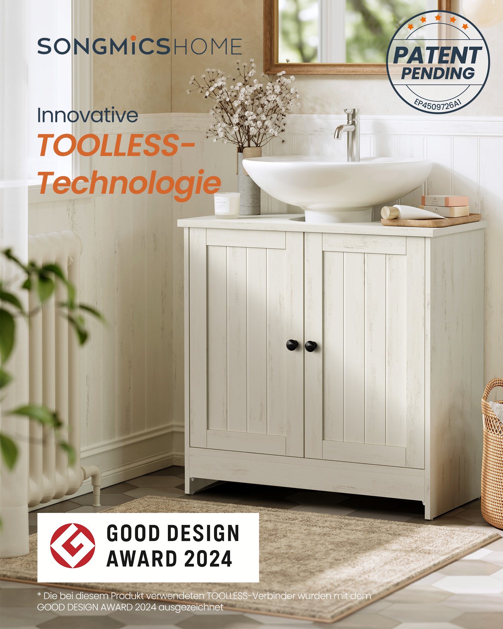 SONGMICS HOME Bathroom Under Sink Cabinet, Superfast Toolless Assembly, Floor Standing Storage Cupboard Basin Unit, Adjustable Shelf, for Washbasins with/without Pedestal, Rustic White BBC223WJ01 1 SONGMICS HOME Bathroom Under Sink Cabinet, Superfast Toolless Assembly, Floor Standing Storage Cupboard Basin Unit, Adjustable Shelf, for Washbasins with/without Pedestal, Rustic White BBC223WJ01