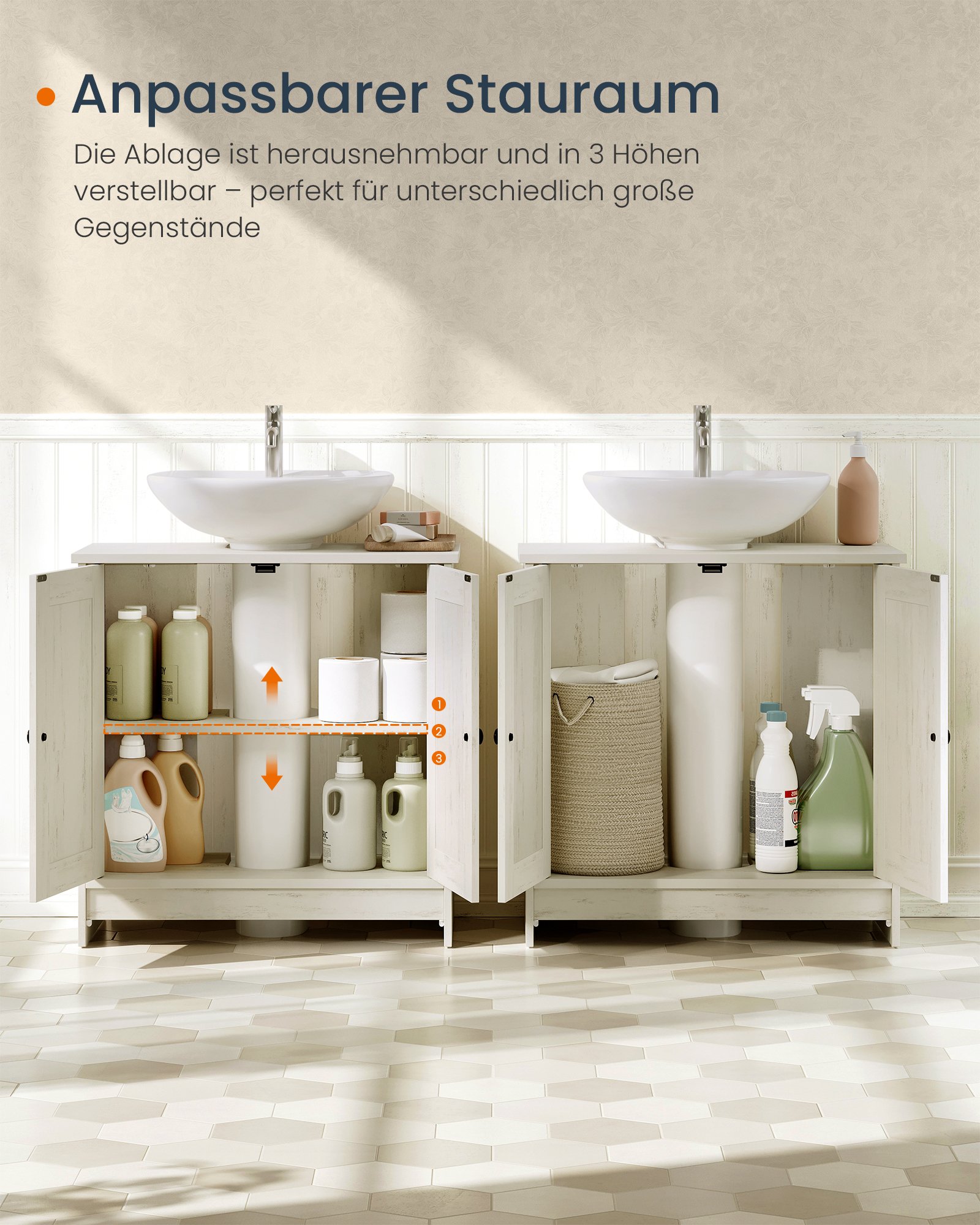 SONGMICS HOME Bathroom Under Sink Cabinet, Superfast Toolless Assembly, Floor Standing Storage Cupboard Basin Unit, Adjustable Shelf, for Washbasins with/without Pedestal, Rustic White BBC223WJ01 3 SONGMICS HOME Bathroom Under Sink Cabinet, Superfast Toolless Assembly, Floor Standing Storage Cupboard Basin Unit, Adjustable Shelf, for Washbasins with/without Pedestal, Rustic White BBC223WJ01 - Bild 3