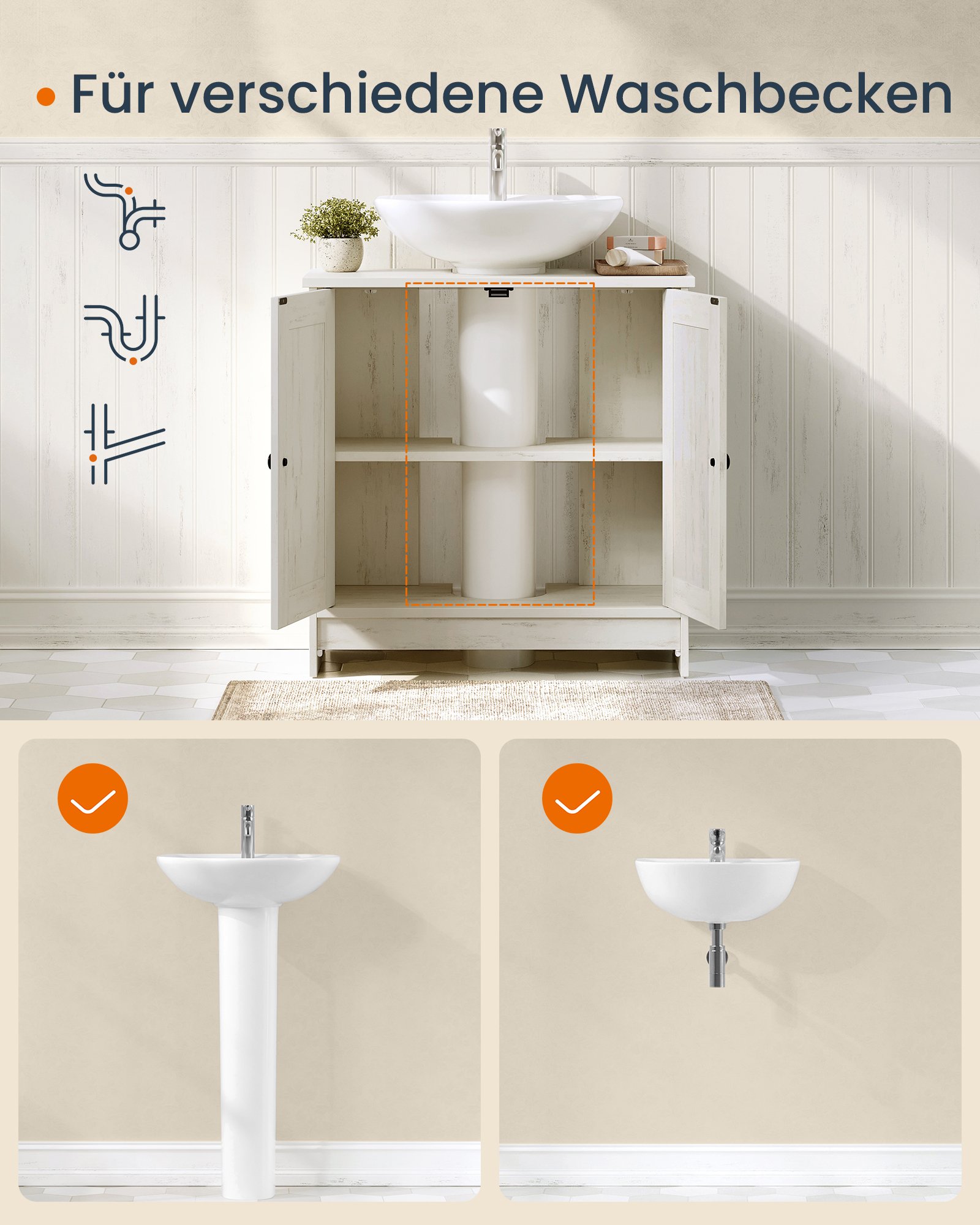SONGMICS HOME Bathroom Under Sink Cabinet, Superfast Toolless Assembly, Floor Standing Storage Cupboard Basin Unit, Adjustable Shelf, for Washbasins with/without Pedestal, Rustic White BBC223WJ01 4 SONGMICS HOME Bathroom Under Sink Cabinet, Superfast Toolless Assembly, Floor Standing Storage Cupboard Basin Unit, Adjustable Shelf, for Washbasins with/without Pedestal, Rustic White BBC223WJ01 - Bild 4