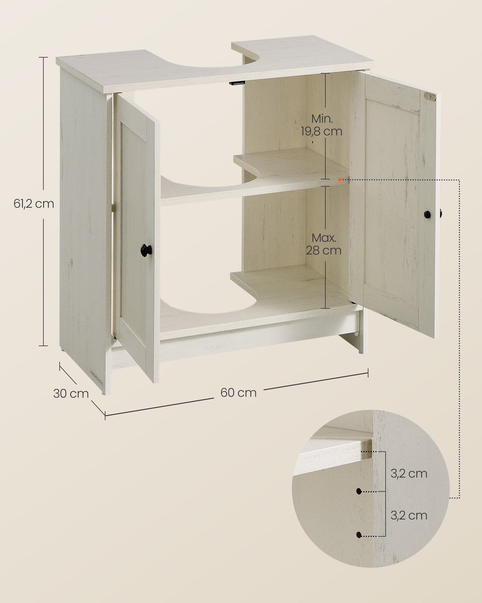 SONGMICS HOME Bathroom Under Sink Cabinet, Superfast Toolless Assembly, Floor Standing Storage Cupboard Basin Unit, Adjustable Shelf, for Washbasins with/without Pedestal, Rustic White BBC223WJ01 5 SONGMICS HOME Bathroom Under Sink Cabinet, Superfast Toolless Assembly, Floor Standing Storage Cupboard Basin Unit, Adjustable Shelf, for Washbasins with/without Pedestal, Rustic White BBC223WJ01 - Bild 5
