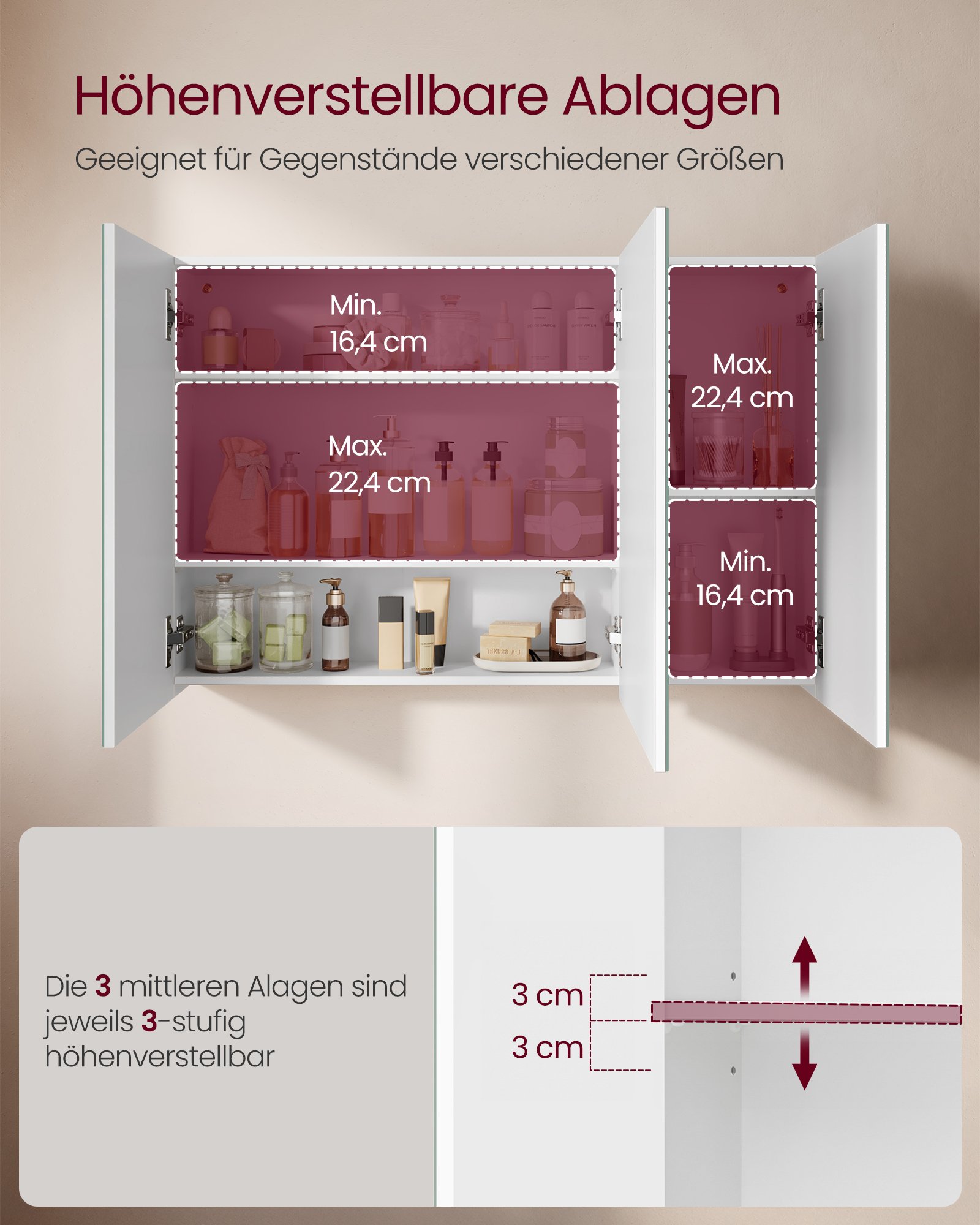 VASAGLE Mirror Cabinet Bathroom Cabinet Storage Cabinet with 3 Doors Bathroom 15 x 90 x 60 cm with Adjustable Shelves Modern White BBK032W01 3 VASAGLE Mirror Cabinet Bathroom Cabinet Storage Cabinet with 3 Doors Bathroom 15 x 90 x 60 cm with Adjustable Shelves Modern White BBK032W01 - Bild 3