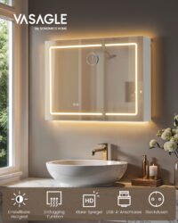 VASAGLE BBK134W01 Bathroom Mirror Cabinet with Lighting, Wall Cabinet, Power Strip, De-fogging Function, 10x Magnifying Mirrors, Modern, 16.5 x 80 x 60 cm, White
