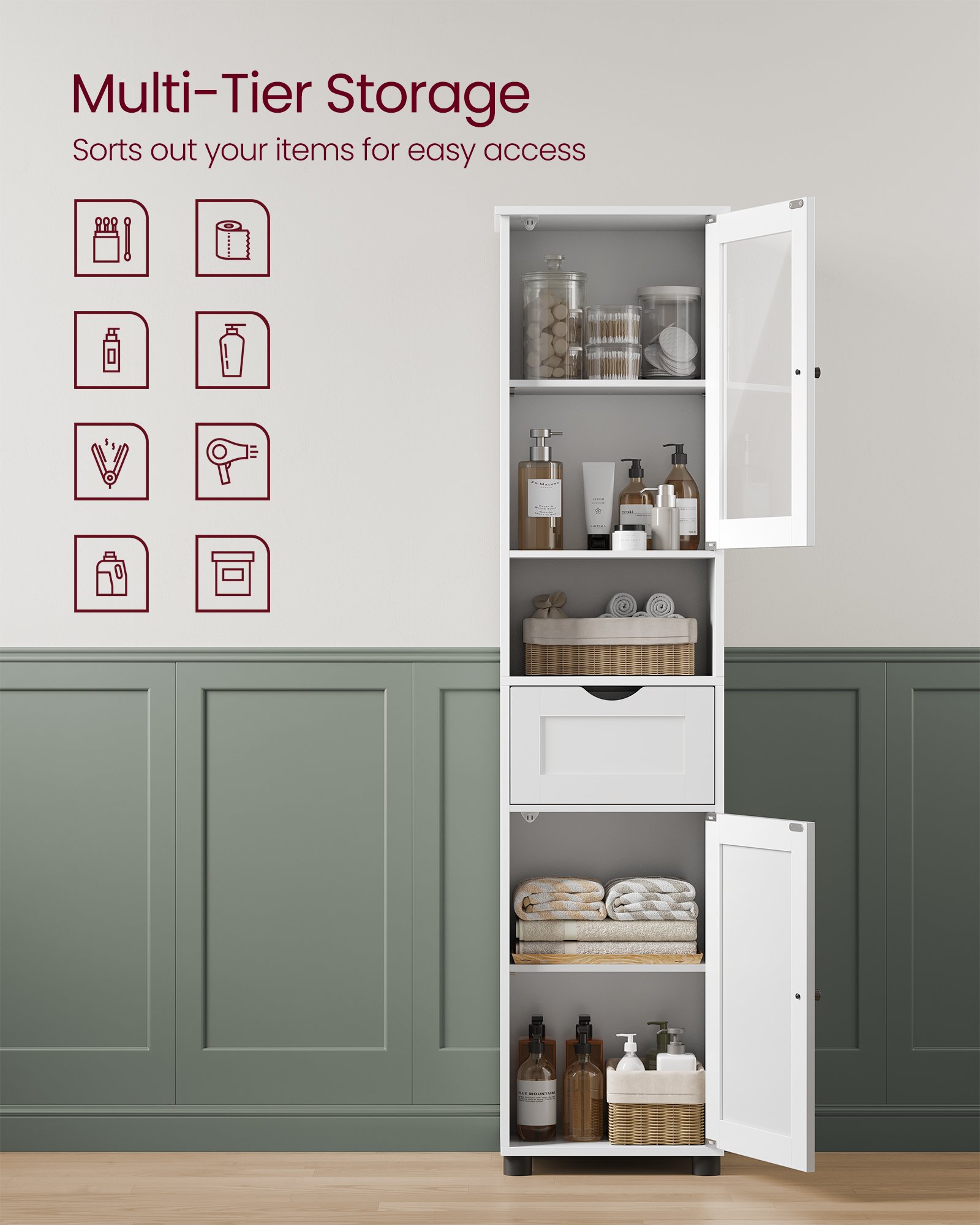 Tall Bathroom Cabinet, Slim Bathroom Storage Cupboard, Open Shelf, Glass Door, Adjustable Shelves, Space-Saving, White 3 Tall Bathroom Cabinet, Slim Bathroom Storage Cupboard, Open Shelf, Glass Door, Adjustable Shelves, Space-Saving, White - Bild 3