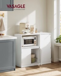 VASAGLE Custos Collection BBK373WB01 Kitchen Cabinet Storage Cabinet Sideboard with Worktop Microwave Shelf with 1 Open Compartment 3 Doors Adjustable Shelves Cloud White
