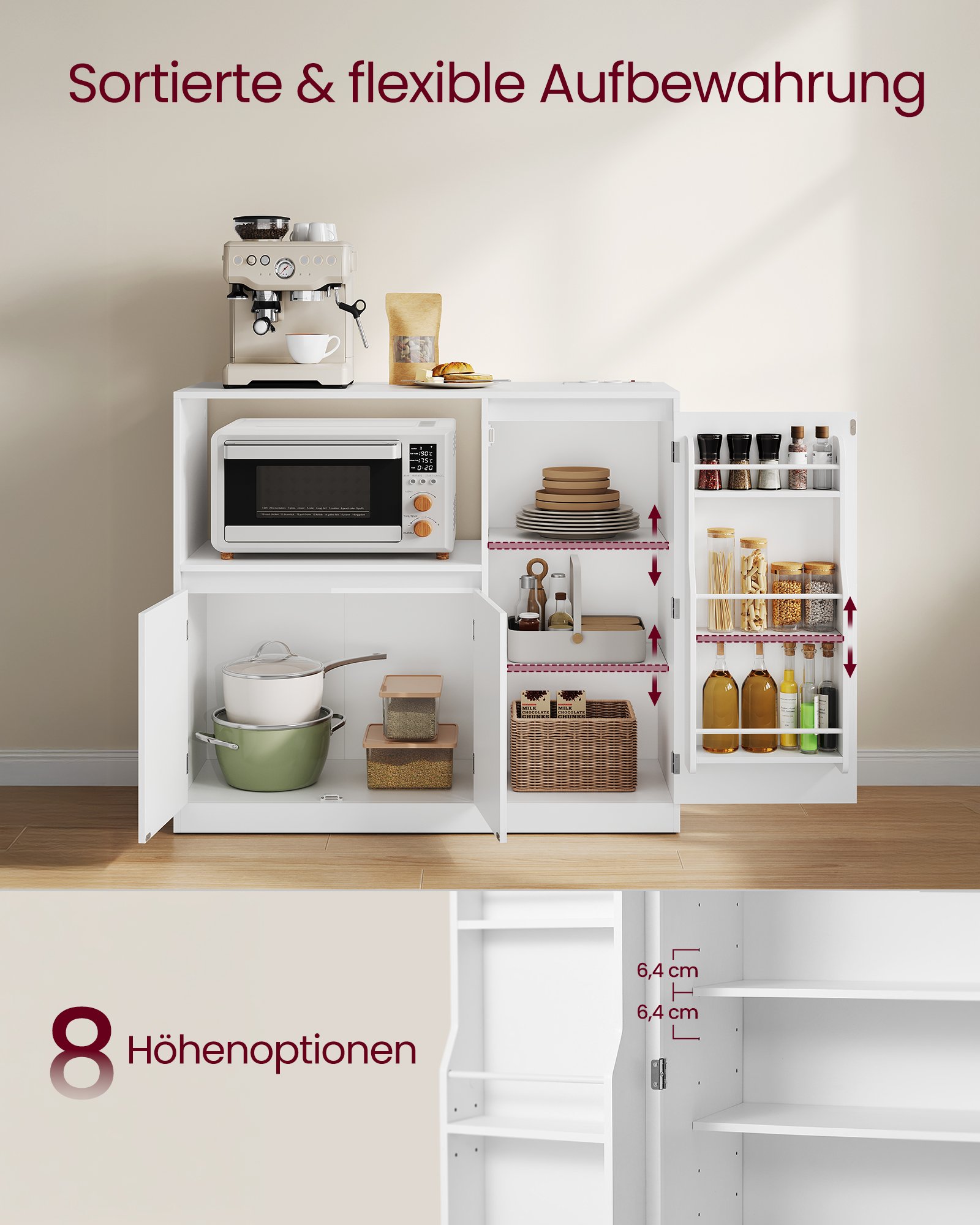VASAGLE Custos Collection BBK373WB01 Kitchen Cabinet Storage Cabinet Sideboard with Worktop Microwave Shelf with 1 Open Compartment 3 Doors Adjustable Shelves Cloud White 2 VASAGLE Custos Collection BBK373WB01 Kitchen Cabinet Storage Cabinet Sideboard with Worktop Microwave Shelf with 1 Open Compartment 3 Doors Adjustable Shelves Cloud White - Bild 2