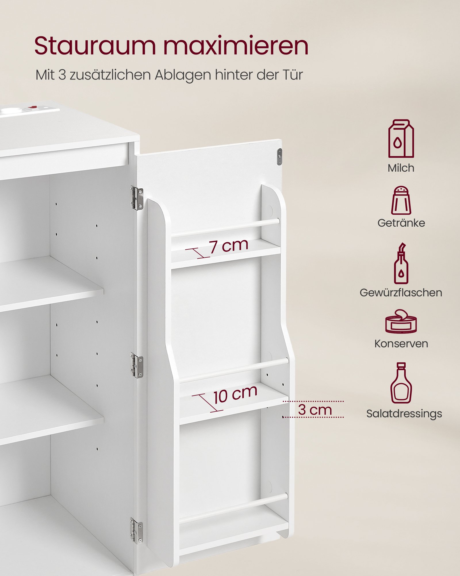 VASAGLE Custos Collection BBK373WB01 Kitchen Cabinet Storage Cabinet Sideboard with Worktop Microwave Shelf with 1 Open Compartment 3 Doors Adjustable Shelves Cloud White 4 VASAGLE Custos Collection BBK373WB01 Kitchen Cabinet Storage Cabinet Sideboard with Worktop Microwave Shelf with 1 Open Compartment 3 Doors Adjustable Shelves Cloud White - Bild 4