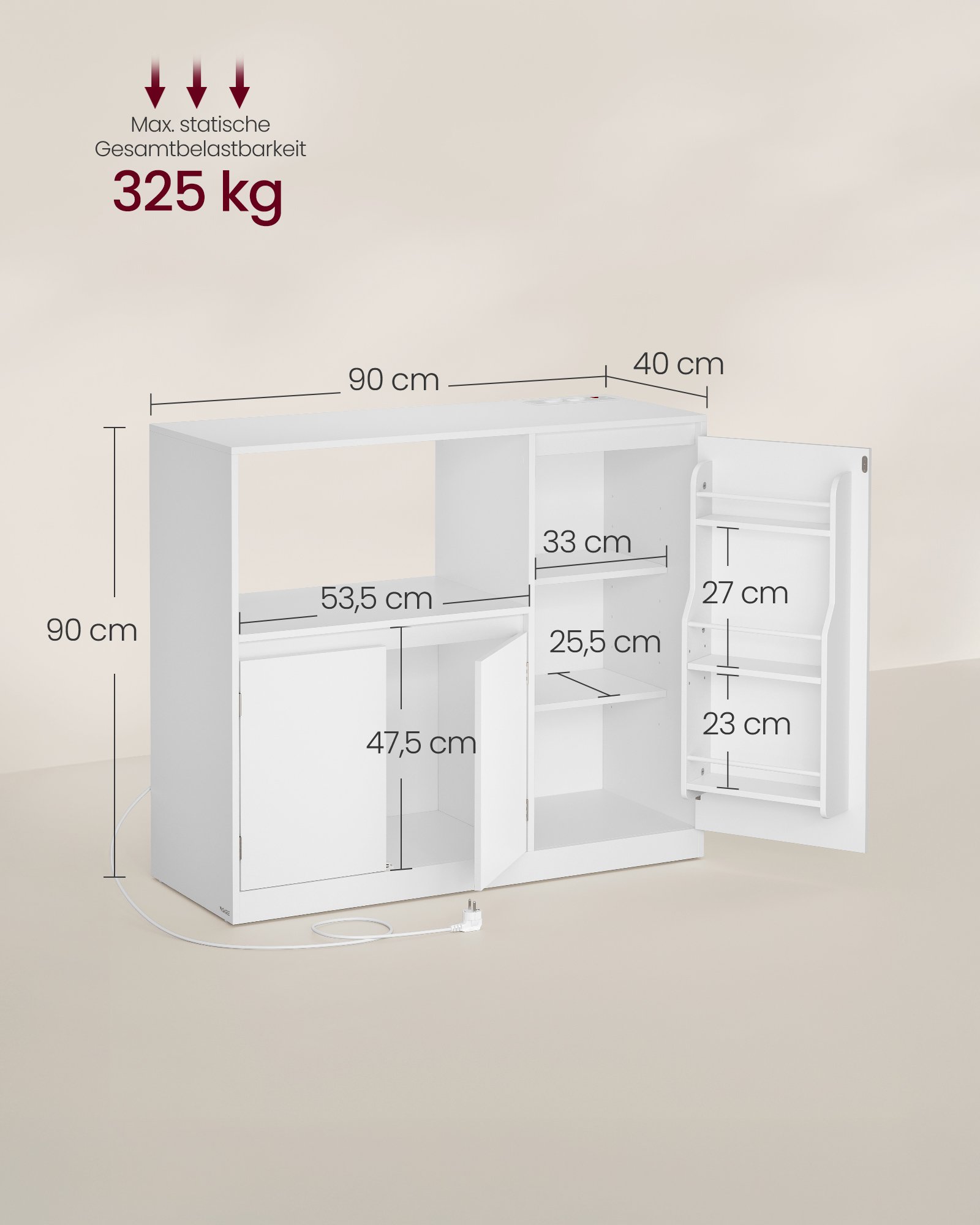 VASAGLE Custos Collection BBK373WB01 Kitchen Cabinet Storage Cabinet Sideboard with Worktop Microwave Shelf with 1 Open Compartment 3 Doors Adjustable Shelves Cloud White 5 VASAGLE Custos Collection BBK373WB01 Kitchen Cabinet Storage Cabinet Sideboard with Worktop Microwave Shelf with 1 Open Compartment 3 Doors Adjustable Shelves Cloud White - Bild 5