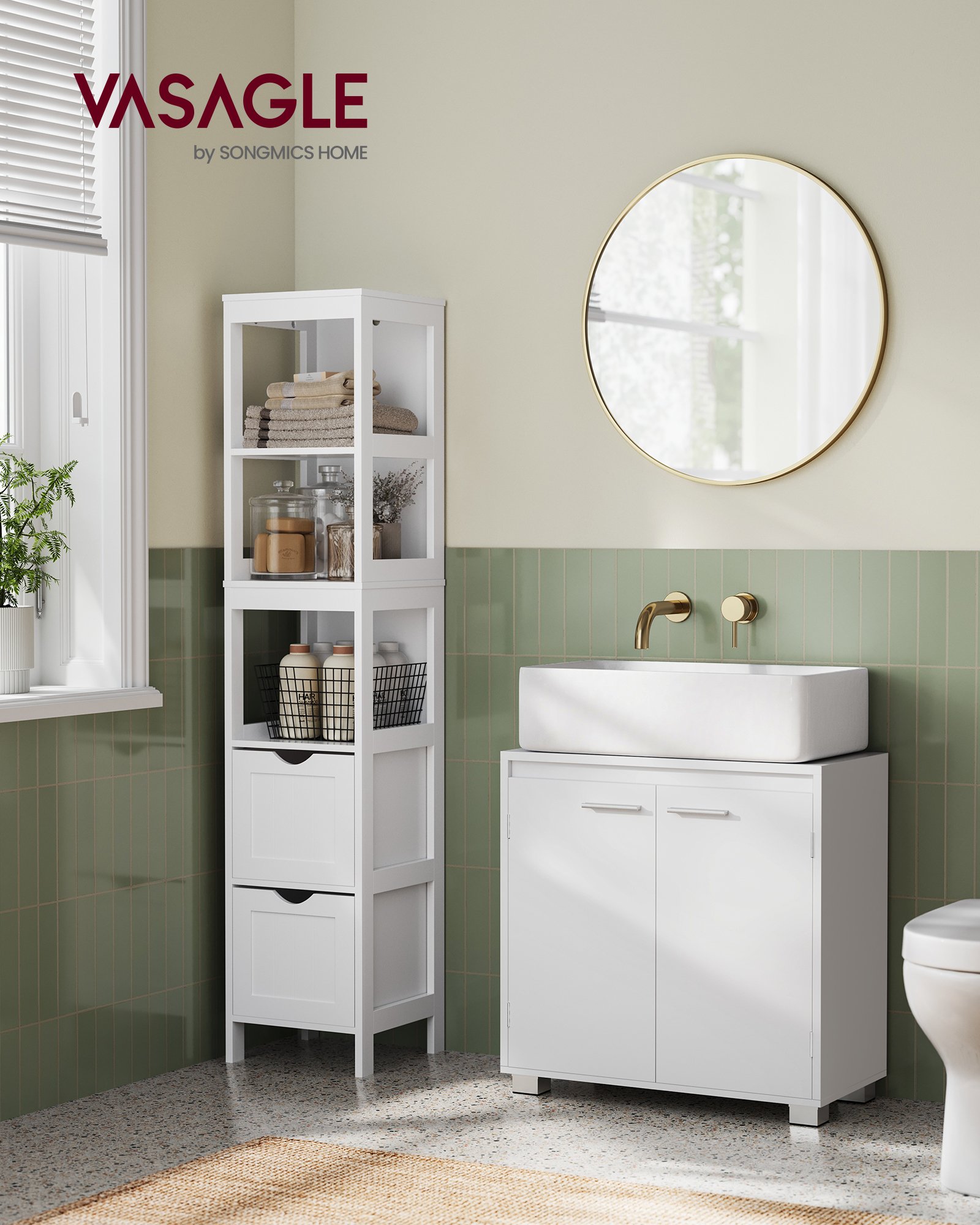 VASAGLE BBK506W01 Under-Sink Storage Unit 2 Compartments Behind the Door Fits Various Washbasins with Legs 30 x 60 x 60 cm Cloud White 2 VASAGLE BBK506W01 Under-Sink Storage Unit 2 Compartments Behind the Door Fits Various Washbasins with Legs 30 x 60 x 60 cm Cloud White - Bild 2