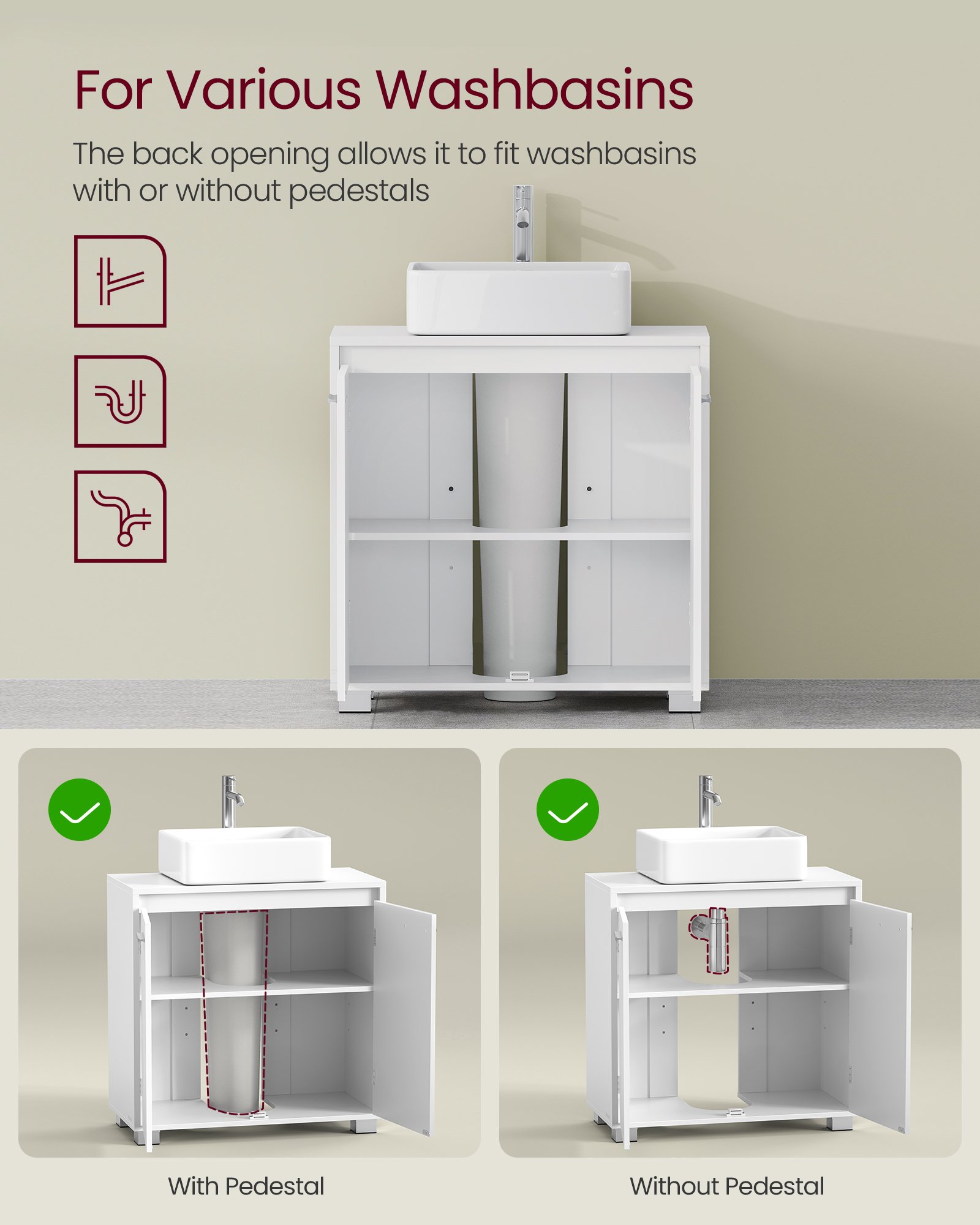 VASAGLE BBK506W01 Under-Sink Storage Unit 2 Compartments Behind the Door Fits Various Washbasins with Legs 30 x 60 x 60 cm Cloud White 4 VASAGLE BBK506W01 Under-Sink Storage Unit 2 Compartments Behind the Door Fits Various Washbasins with Legs 30 x 60 x 60 cm Cloud White - Bild 4