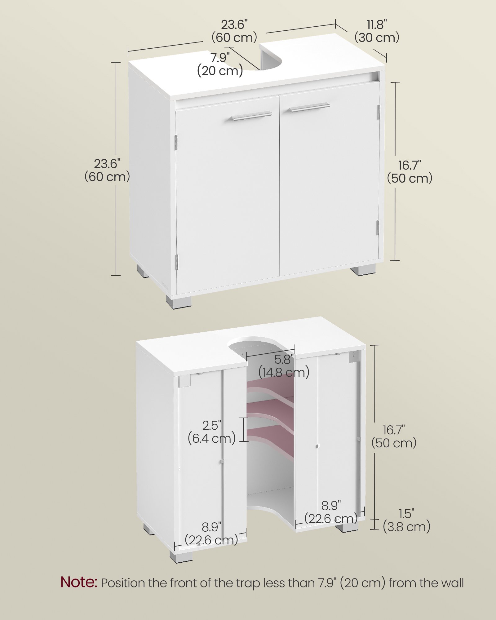 VASAGLE BBK506W01 Under-Sink Storage Unit 2 Compartments Behind the Door Fits Various Washbasins with Legs 30 x 60 x 60 cm Cloud White 6 VASAGLE BBK506W01 Under-Sink Storage Unit 2 Compartments Behind the Door Fits Various Washbasins with Legs 30 x 60 x 60 cm Cloud White - Bild 6