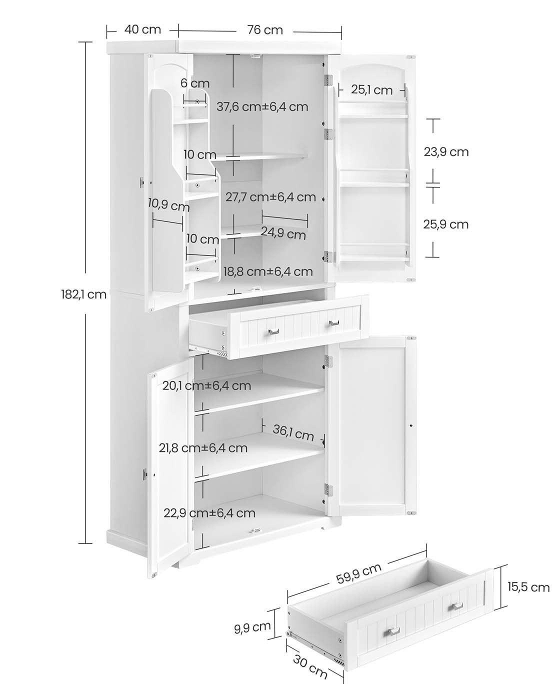 Högt köksskafferi, 40 x 76 x 182,1 cm, fristående högt förvaringsskåp, vit 5 Högt köksskafferi, 40 x 76 x 182,1 cm, fristående högt förvaringsskåp, vit - Bild 5